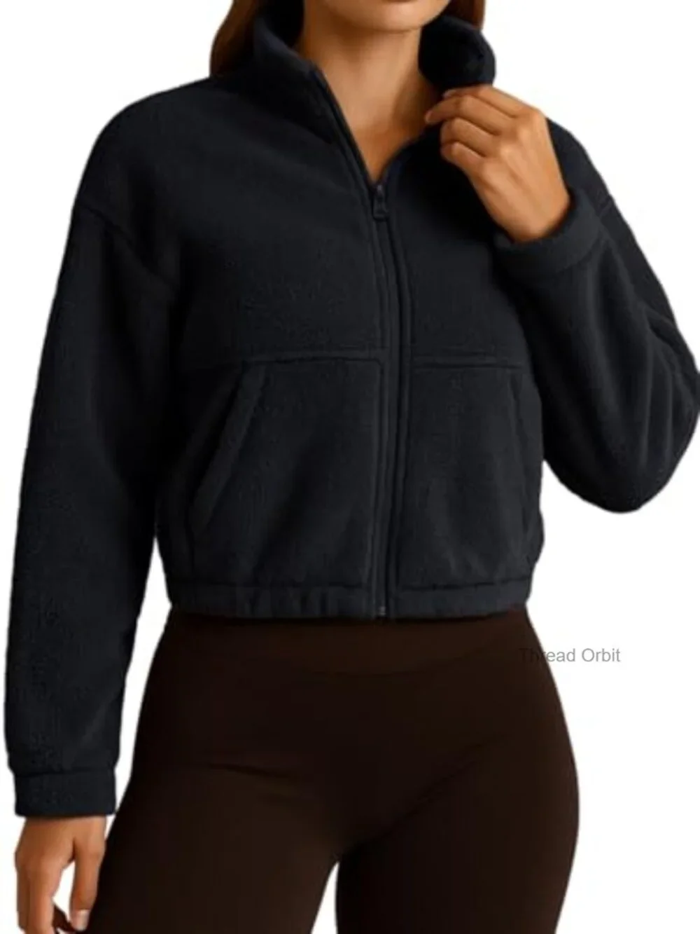 Cropped Fleece Sherpa Jacket, Zip Up, Long Sleeve, Winter Casual - Picture 2 of 7
